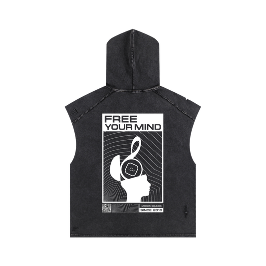 Bringthenoise// 'Free Your Mind' Washed Sleeveless Hoodie - Distressed Black