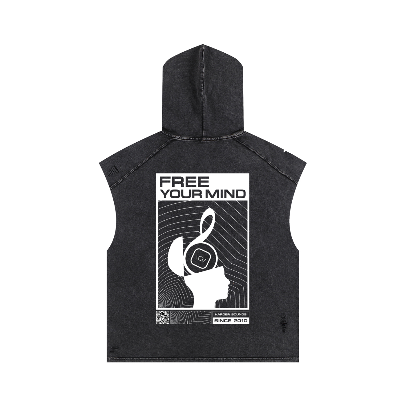 Bringthenoise// 'Free Your Mind' Washed Sleeveless Hoodie - Distressed Black